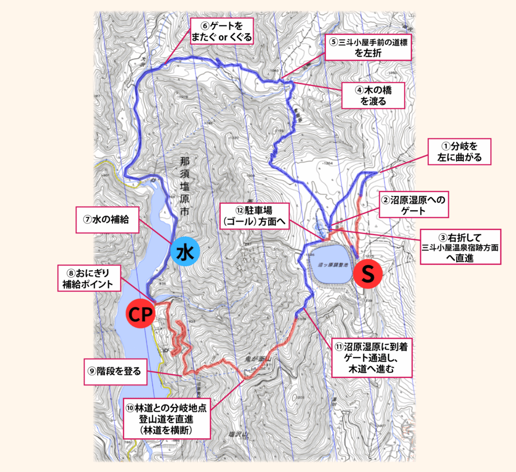 板室温泉スパトレイル2025コースの概略地図_コースの注意点が書いてある